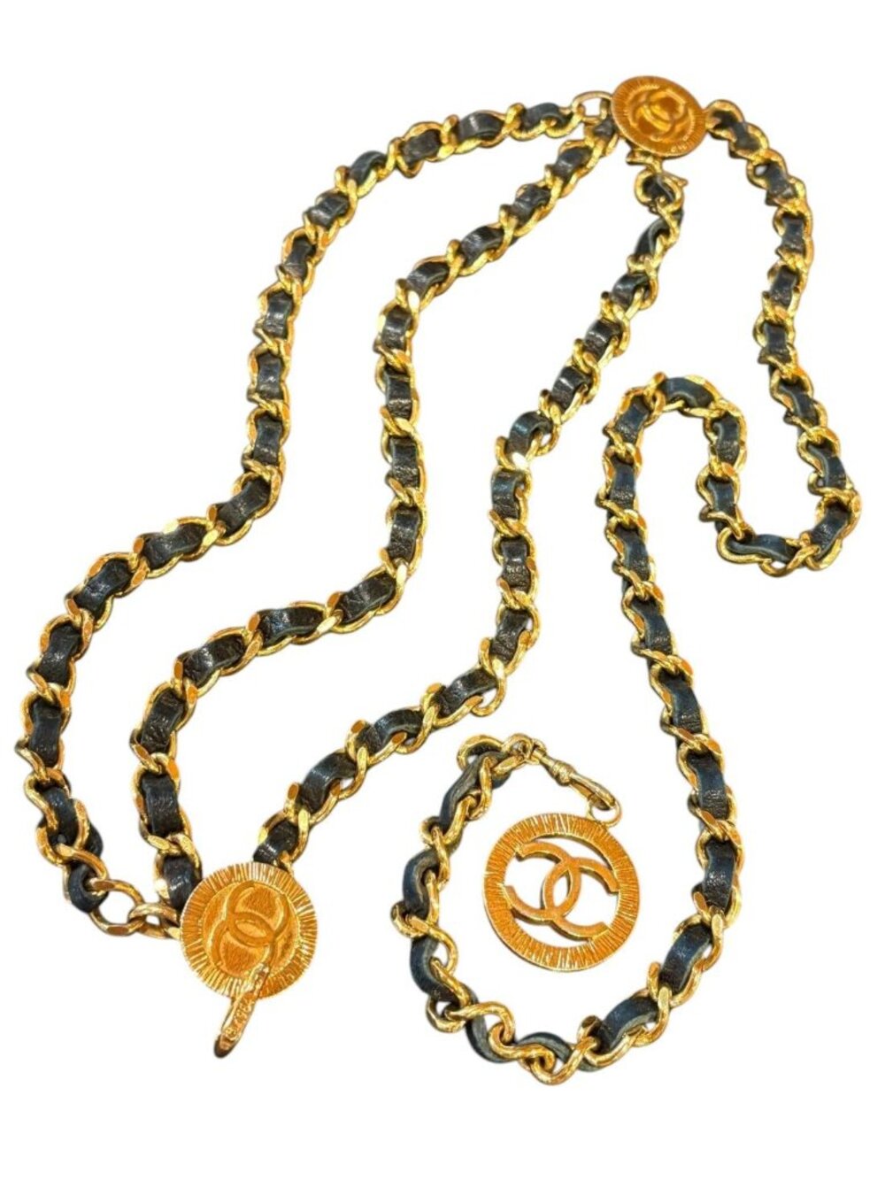 Chanel CC Logo Chain Belt in Gold with Navy Leather